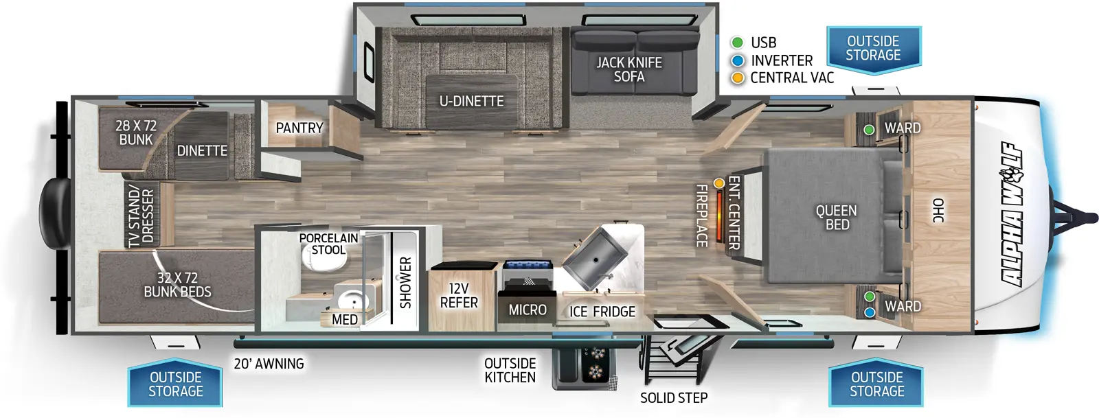 The 280QBS has one slideout and one entry. Exterior features front storage, solid step, outside kitchen, and 20 foot awning. Interior layout front to back: foot-facing queen bed with overhead cabinet and wardrobes on each side; island entertainment center with fireplace below; off-door side slideout with jackknife sofa and u-dinette; door side entry, peninsula kitchen counter with sink wraps to door side with microwave, cooktop, overhead cabinet and 12V refrigerator; off-door side pantry; door side full bathroom with porcelain toilet and medicine cabinet; rear bunk room with door side bunk beds, off-door side bunk above dinette, and rear TV stand/dresser.